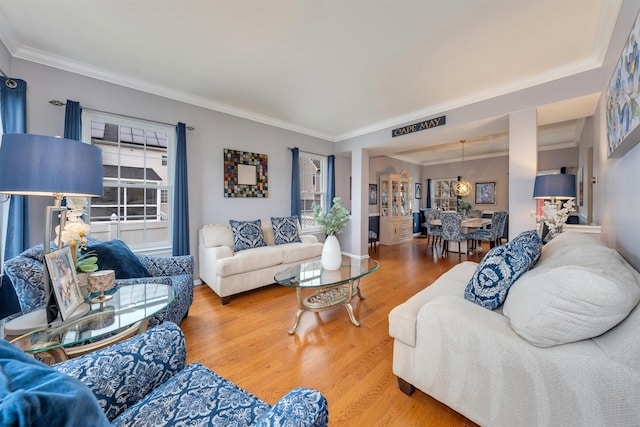 living room featuring crown molding and hardwood / wood-style floors