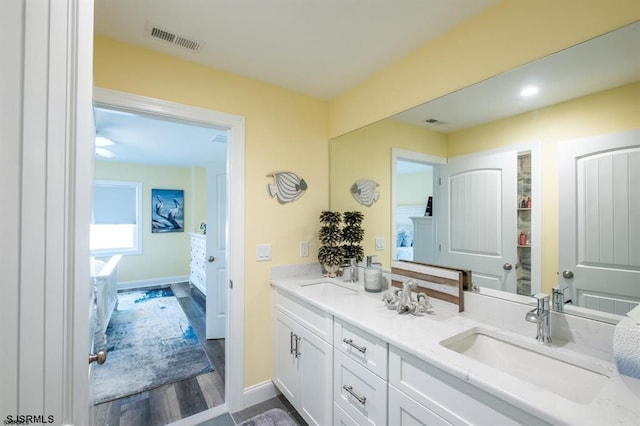 bathroom featuring vanity and wood-type flooring