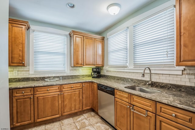 kitchen featuring stone counters, decorative backsplash, stainless steel dishwasher, and sink