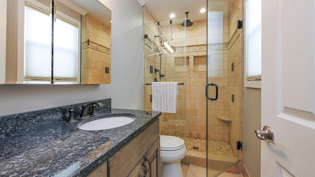 bathroom featuring vanity, toilet, and a shower with door