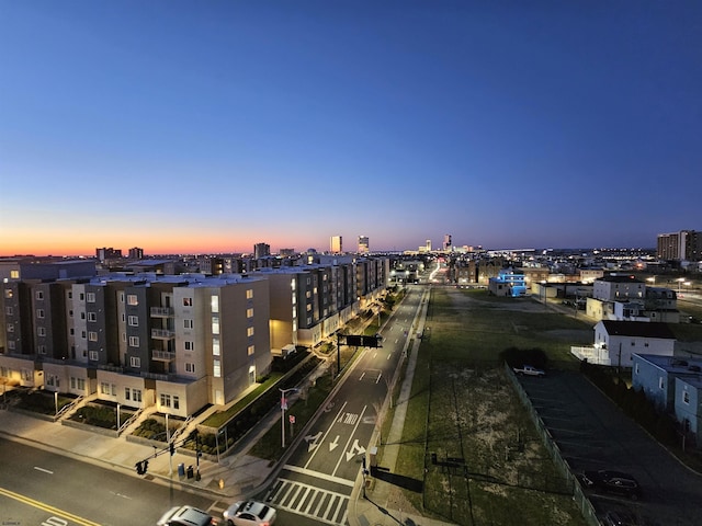 view of aerial view at dusk