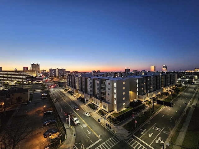 view of aerial view at dusk