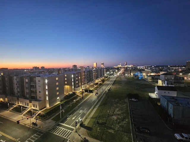 view of aerial view at dusk