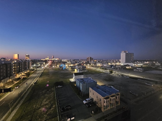 view of aerial view at dusk