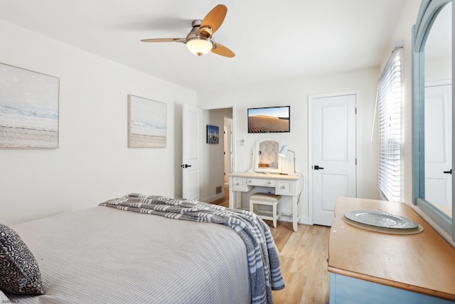 bedroom with ceiling fan and light wood-type flooring