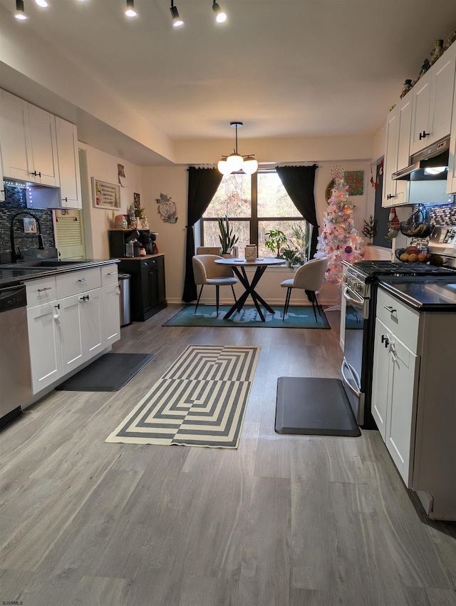 kitchen featuring white cabinetry, stainless steel appliances, decorative light fixtures, and wood-type flooring