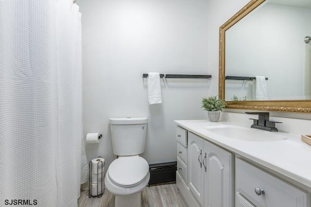 bathroom featuring vanity, wood-type flooring, and toilet