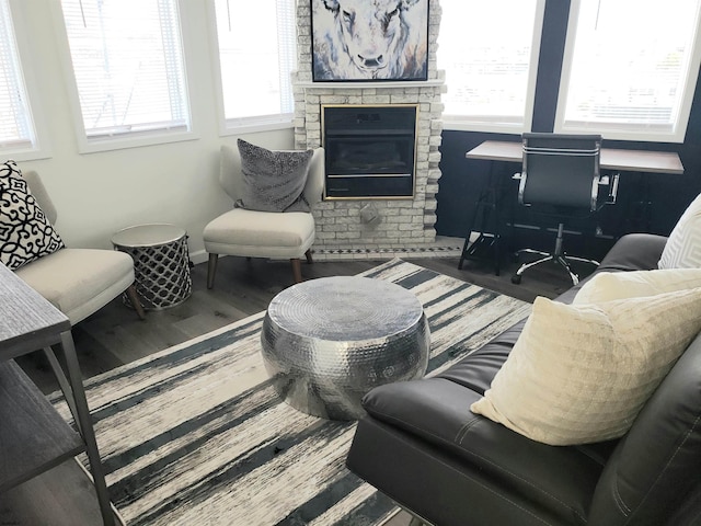 living room with hardwood / wood-style floors and a fireplace