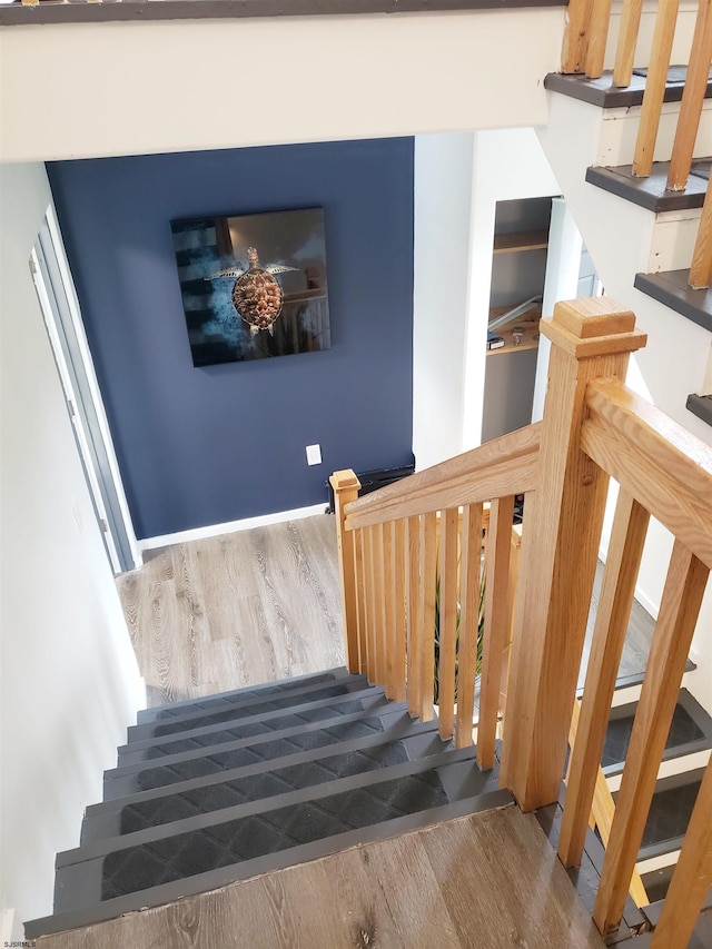 stairway with hardwood / wood-style flooring