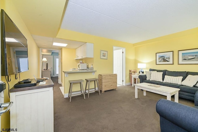 living room featuring dark colored carpet