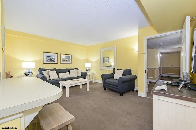 living room featuring dark colored carpet