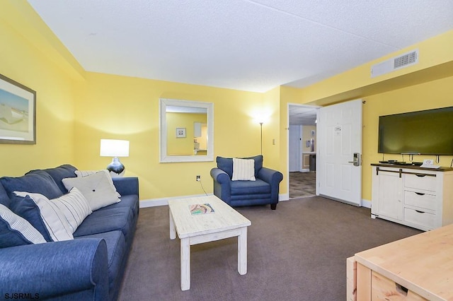 carpeted living room with a textured ceiling