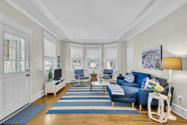 living room with wood-type flooring, a baseboard radiator, and ornamental molding