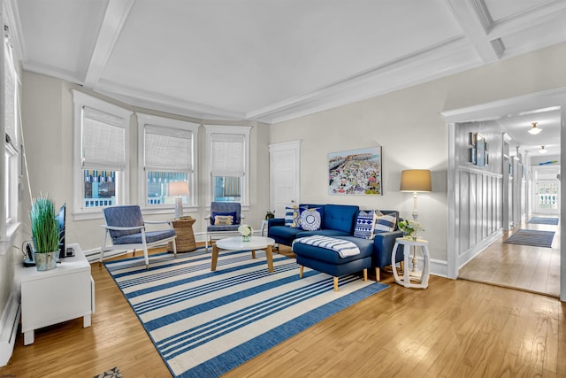 living room with hardwood / wood-style floors, beam ceiling, crown molding, and coffered ceiling