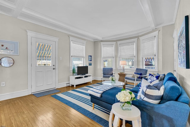 living room featuring beamed ceiling, wood-type flooring, and ornamental molding