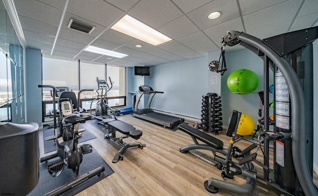 workout area featuring a drop ceiling, hardwood / wood-style flooring, and a wall of windows