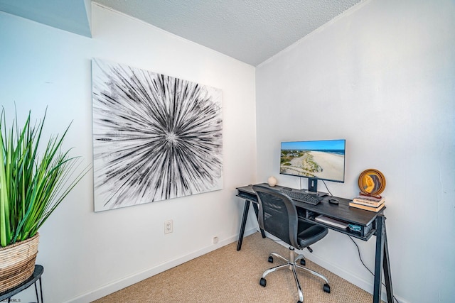 office area with a textured ceiling and light carpet