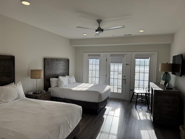 bedroom featuring access to outside, ceiling fan, and dark hardwood / wood-style flooring