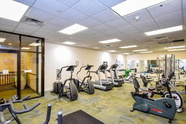 workout area featuring a paneled ceiling and carpet flooring