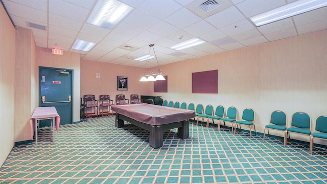 recreation room with carpet, a paneled ceiling, and pool table