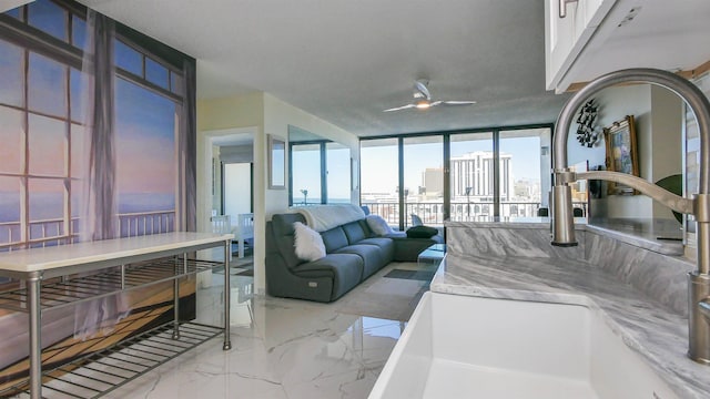 living room featuring expansive windows, ceiling fan, and sink