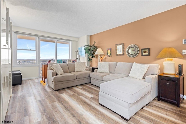 living room with a textured ceiling and light hardwood / wood-style floors