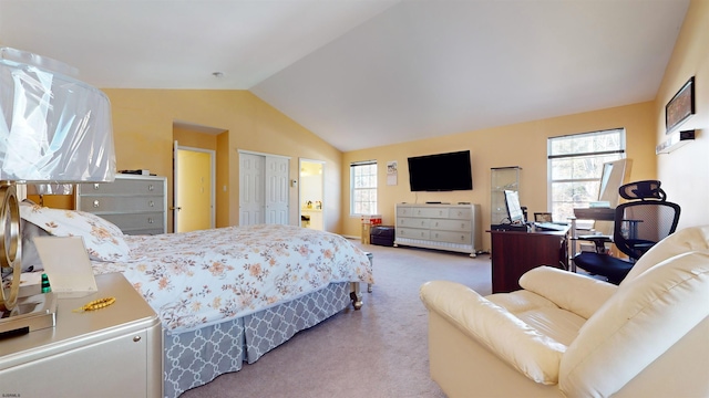 carpeted bedroom with multiple windows and vaulted ceiling