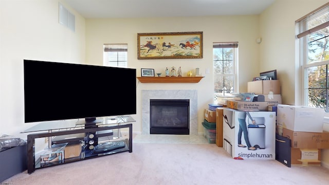 living room featuring a premium fireplace and carpet flooring