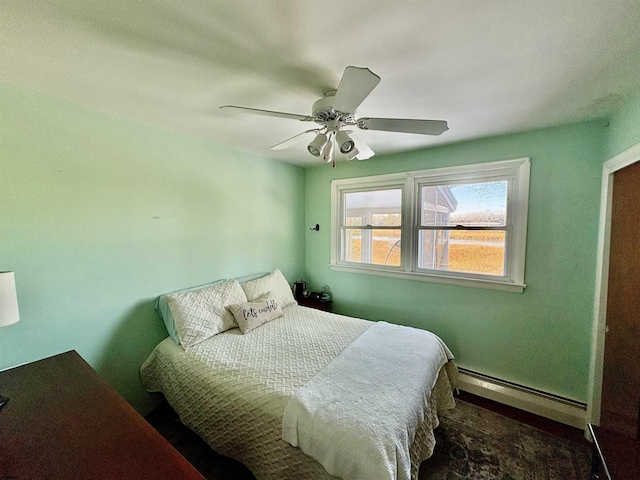 bedroom with ceiling fan and baseboard heating