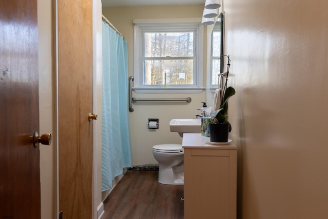 full bath with toilet, a sink, and wood finished floors