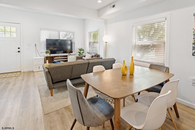 dining space featuring a wealth of natural light and light wood-type flooring