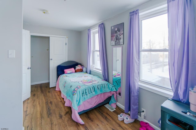 bedroom featuring multiple windows and dark hardwood / wood-style floors