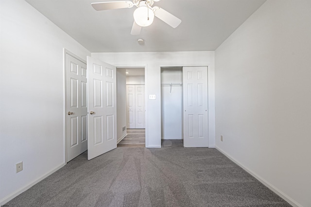 unfurnished bedroom with carpet and ceiling fan