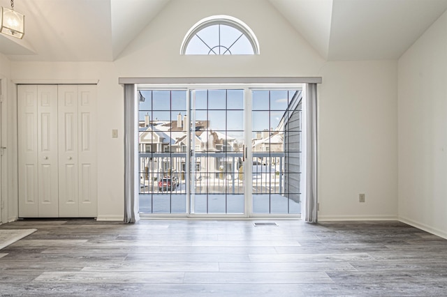 interior space featuring wood-type flooring and vaulted ceiling