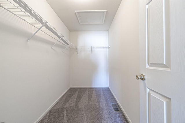 spacious closet featuring dark carpet