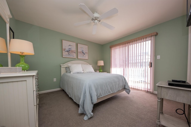 bedroom featuring carpet, ceiling fan, and access to outside