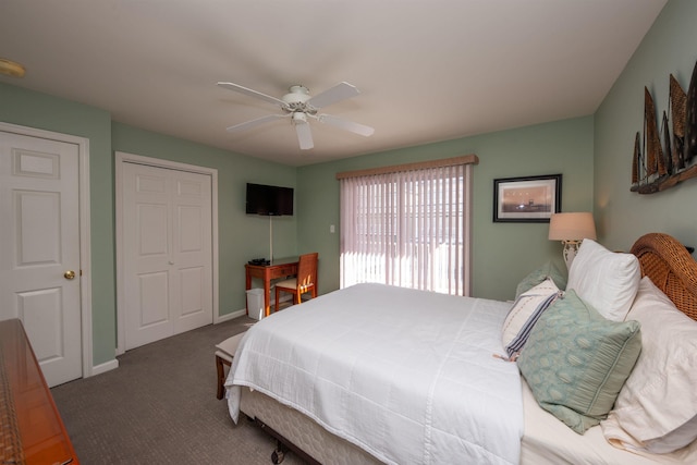 carpeted bedroom with ceiling fan and a closet