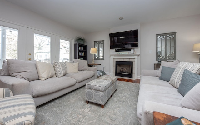 living room featuring a fireplace and wood-type flooring