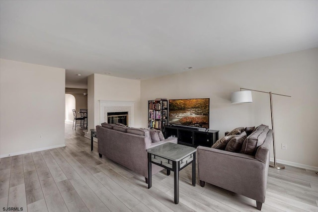 living room with light hardwood / wood-style flooring and a premium fireplace