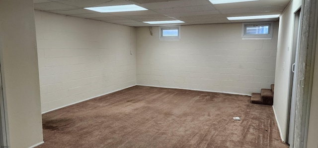 basement featuring a drop ceiling and dark carpet