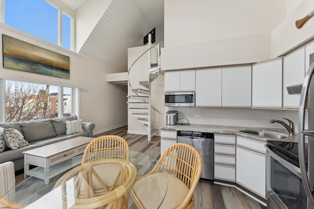 kitchen with sink, white cabinets, dark hardwood / wood-style floors, and appliances with stainless steel finishes