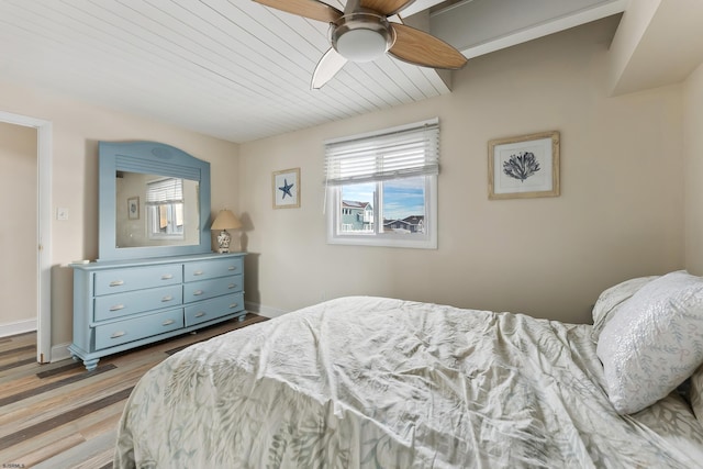 bedroom with light wood-type flooring, ceiling fan, and wooden ceiling