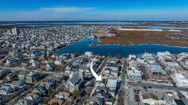 drone / aerial view featuring a water view