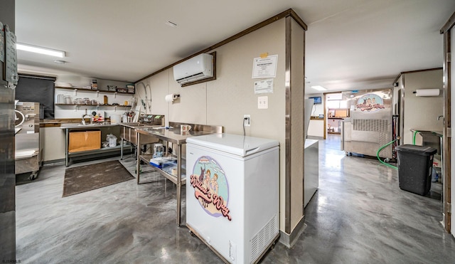 washroom with a wall mounted air conditioner and a workshop area