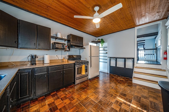 kitchen with ceiling fan, stainless steel range with gas stovetop, white refrigerator, dark parquet floors, and wooden ceiling