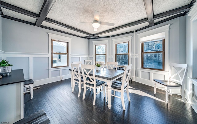 dining space with dark wood-type flooring, coffered ceiling, a textured ceiling, ceiling fan, and beam ceiling