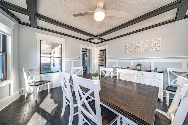 dining room featuring dark hardwood / wood-style flooring, beam ceiling, coffered ceiling, and a textured ceiling