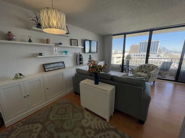 living room with floor to ceiling windows, a textured ceiling, and hardwood / wood-style flooring