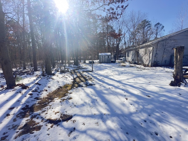 yard layered in snow with a storage shed