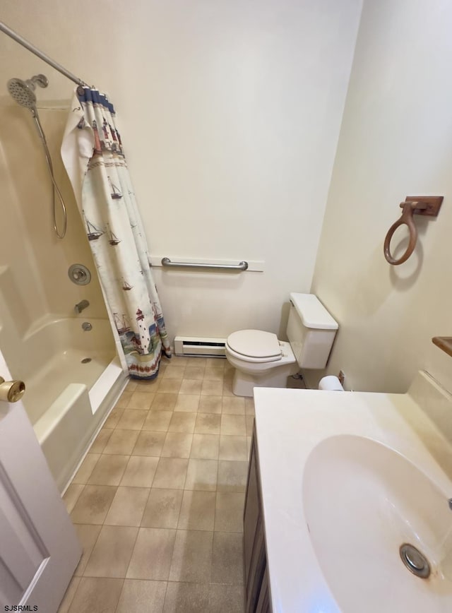 full bathroom with toilet, tile patterned flooring, a baseboard heating unit, shower / bathtub combination with curtain, and sink